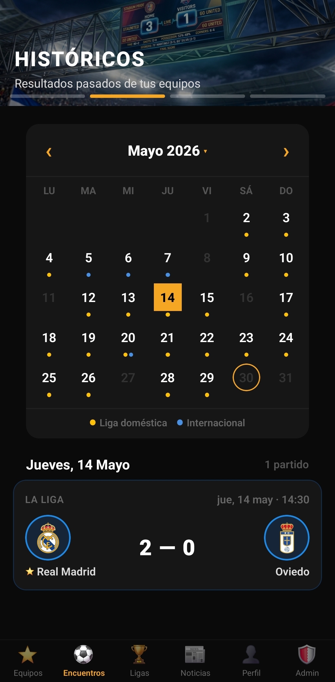 SportTrack — Históricos / Calendario