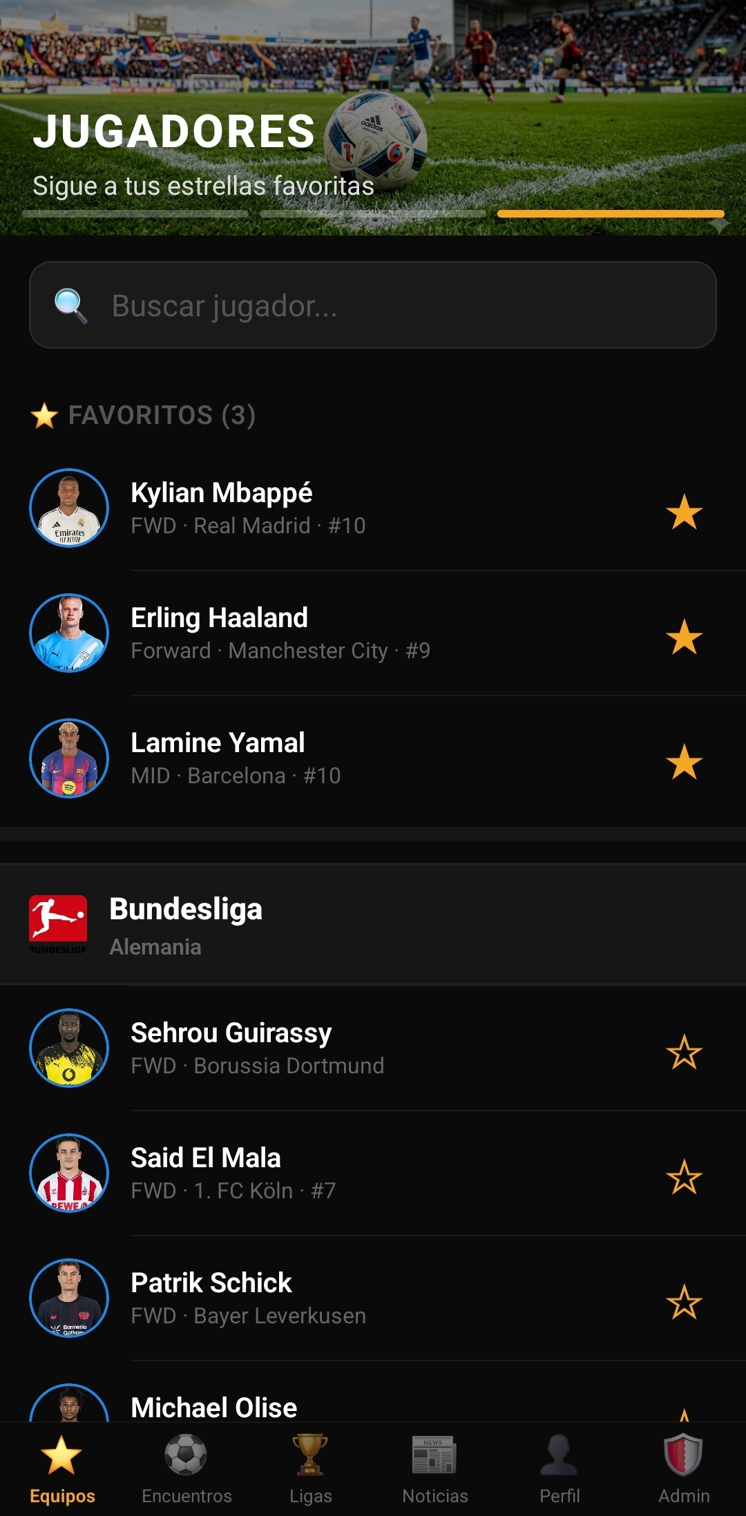 SportTrack — Jugadores favoritos